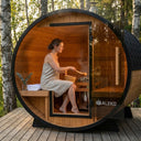 Finland Pine Barrel Sauna — 3-Person Outdoor Wet/Dry — Lifestyle